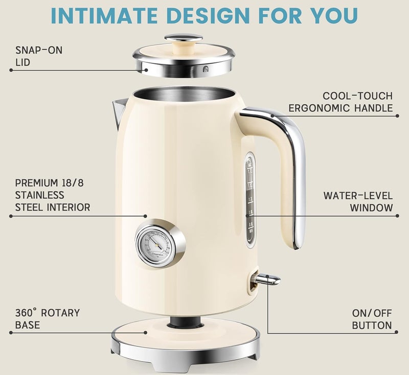 susteas Electric Kettle - 57oz Hot Tea Kettle Water Boiler with Thermometer, 1500W Fast Heating Stainless Steel Tea Pot, Cordless with LED Indicator, Auto Shut-Off & Boil Dry Protection, Beige - Image 2